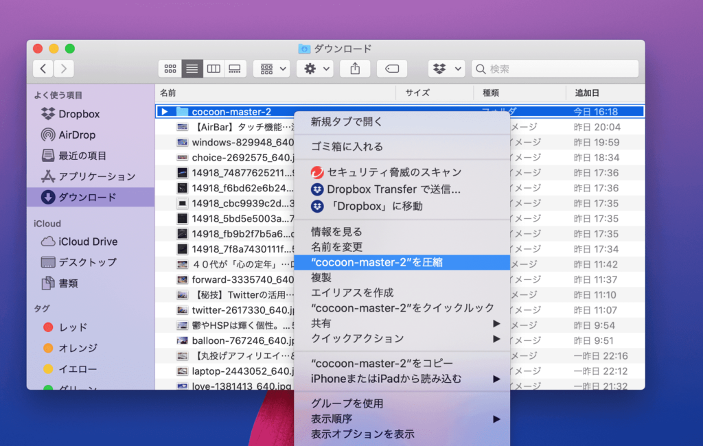 ダウンロード完了を確認→ファイルを圧縮(.zipに)